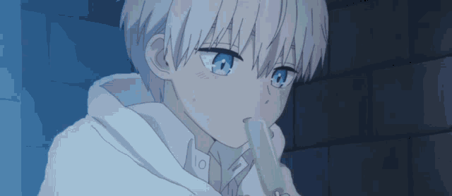 a boy with white hair and blue eyes is eating an ice cream