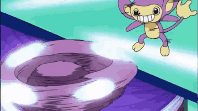 a purple and yellow cartoon character is flying over a purple object