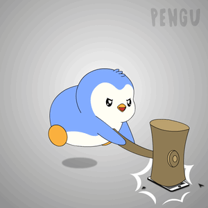 A blue penguin angrily smashes a phone against a tree stump.