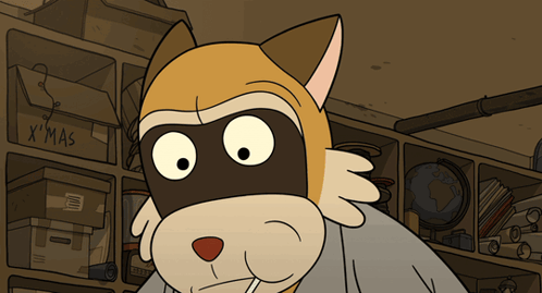 a cartoon cat is standing in front of a shelf with boxes labeled x 'mas