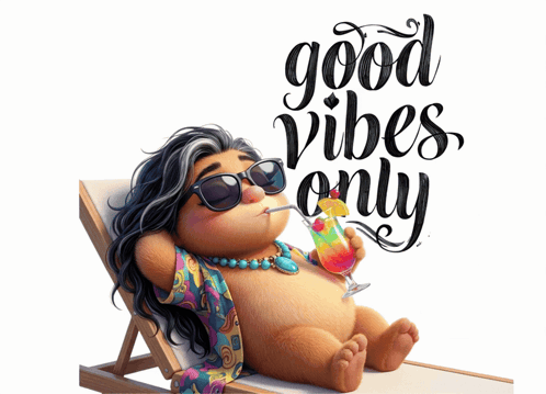 A cartoon character lounging with sunglasses is accompanied by “good vibes only.”