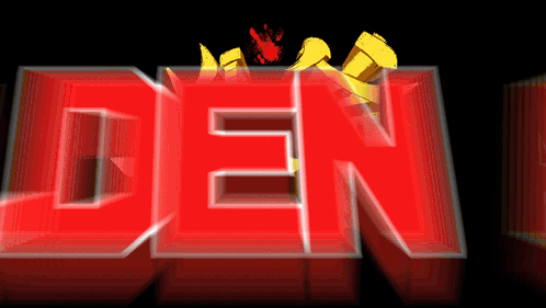 a red sign that says den on it with a black background