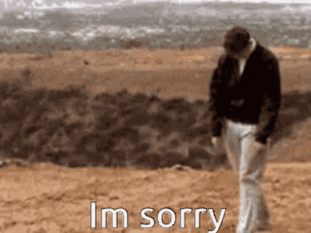A person walks away across a rough landscape beneath “I’m sorry.”