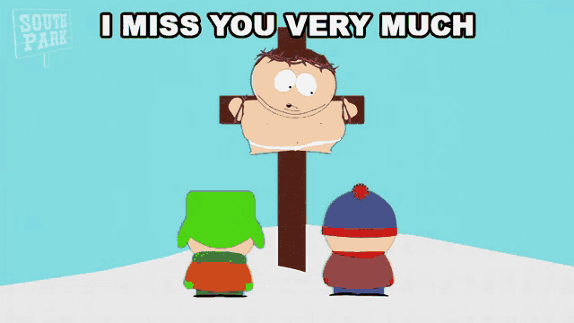 a cartoon of jesus on a cross with the words i miss you very much