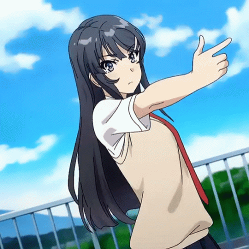 a girl in a school uniform is pointing at the sky