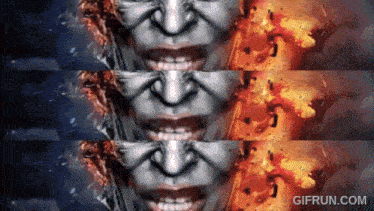 A fiery mirrored collage features a grinning Joker-like face.