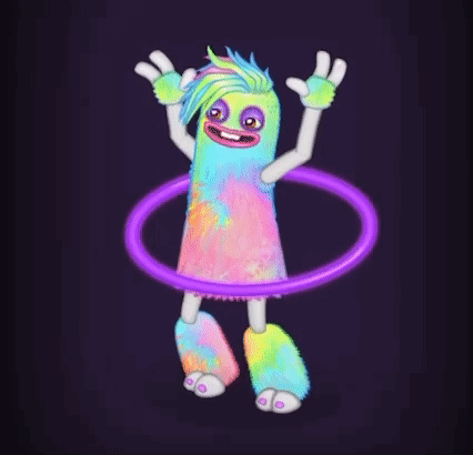 a colorful monster is holding a purple hula hoop around its waist .