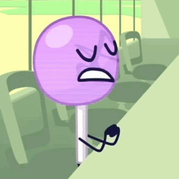 a purple lollipop with a sad face is standing next to a green wall .