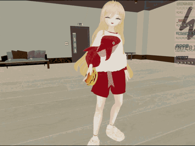 a girl in red shorts is holding a hamburger in front of a sign that says enter