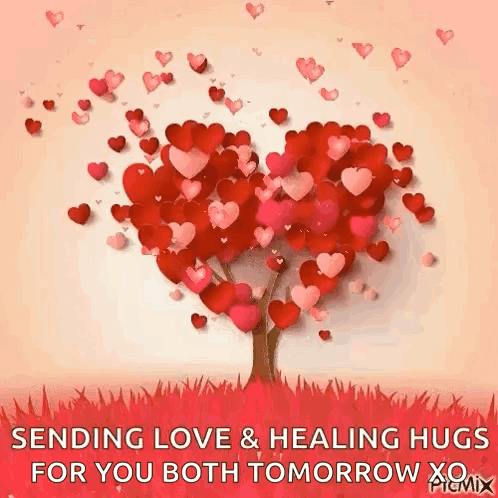 A tree made of many red hearts stands above the caption “SENDING LOVE & HEALING HUGS FOR YOU.”