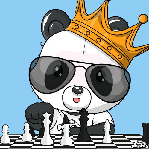 a panda bear wearing a crown playing chess