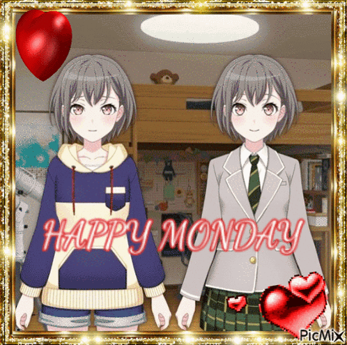 a picture of two anime girls with the words happy monday written on it
