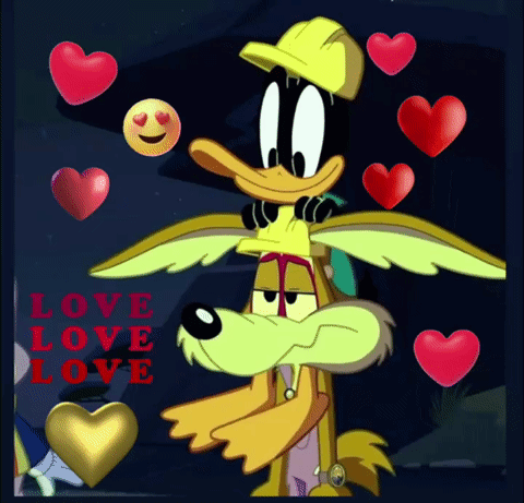 a picture of a coyote and a duck with the words love love love in red