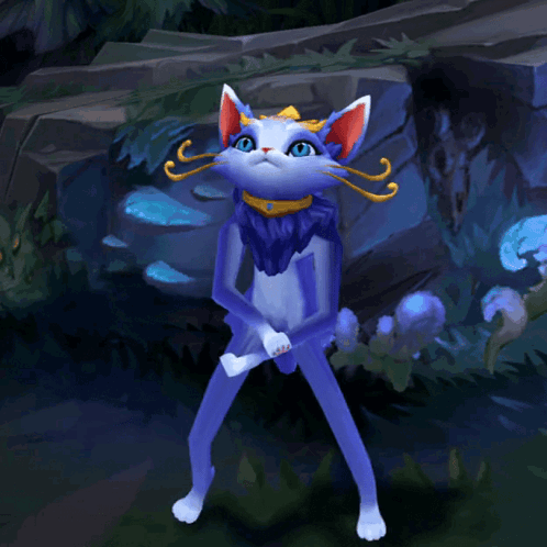 Yuumi performs a dance pose in a dark fantasy game setting.