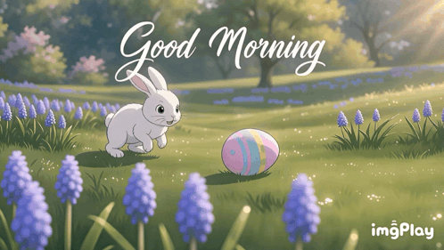 A bunny runs through a spring flower meadow with “Good Morning.”