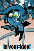 a picture of a cartoon character with a gun and the words in your face