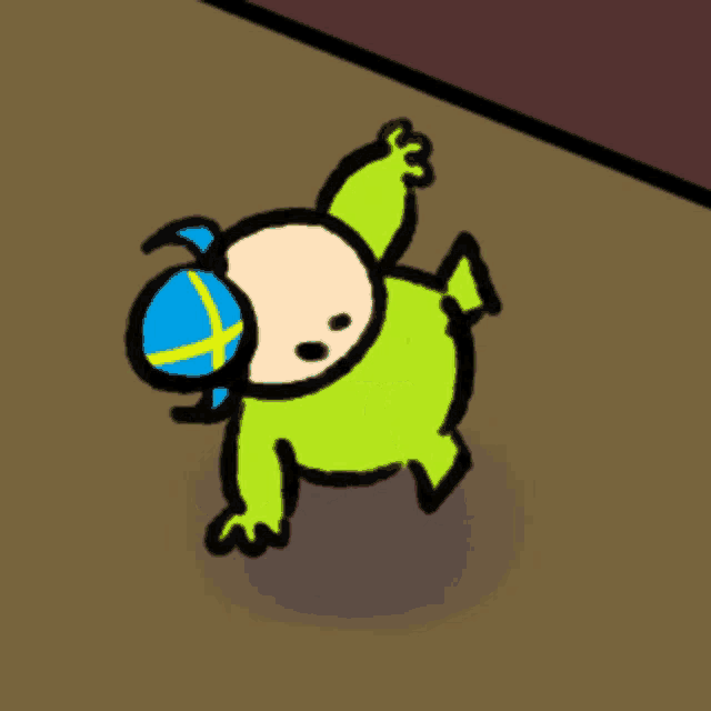 a cartoon drawing of a baby wearing a green outfit and a blue hat