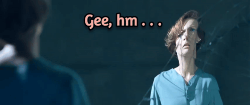 a woman stands in front of a mirror with the words gee hm let me think above her
