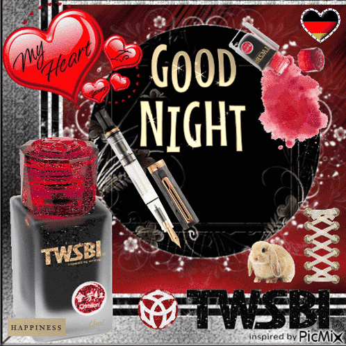 A fountain pen, red ink bottle, roses, and hearts decorate a “GOOD NIGHT” card.