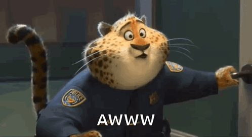 Officer Clawhauser from Zootopia gestures happily with “AWWW.”