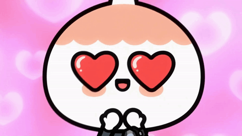 a cartoon character with hearts in his eyes and a pink background