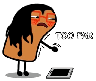 A droopy cartoon cat says “TOO FAR” beside a remote control.