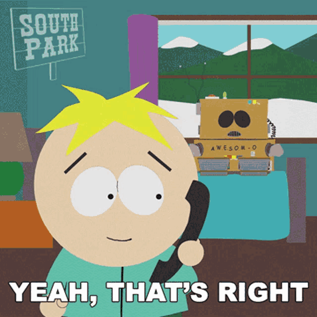 a cartoon character from south park talking on a telephone