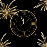 a new year greeting card with fireworks and a clock