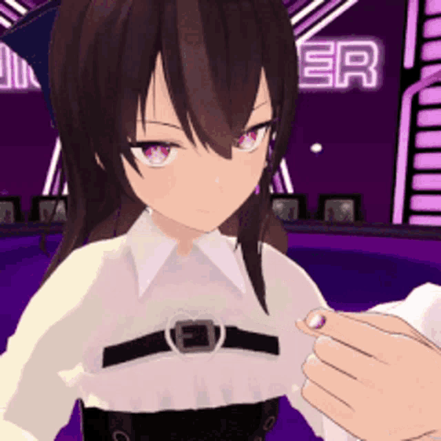 a girl in a white shirt is standing in front of a neon sign that says " joker "