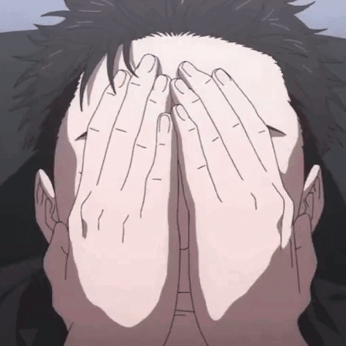 Higuruma from Jujutsu Kaisen covers his face with both hands.