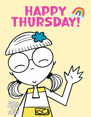 a happy thursday poster with a girl wearing glasses
