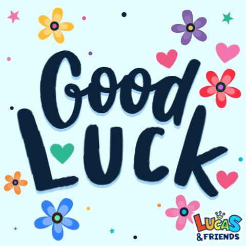 Colorful hand-lettered “Good Luck” text is surrounded by flowers and hearts on a pale blue background.