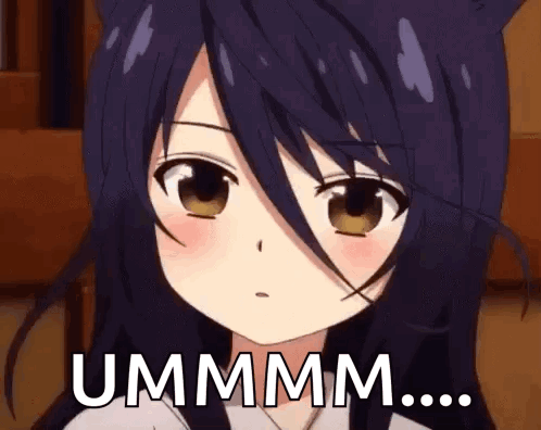 A purple-haired anime girl blushes under the caption “UMMMM….”