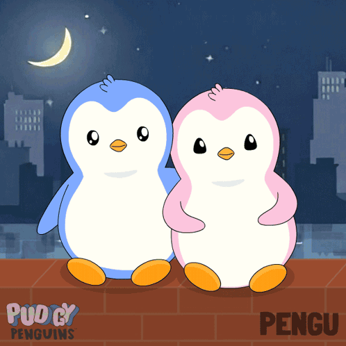 two penguins are sitting next to each other on a brick wall with the name pengu on the bottom