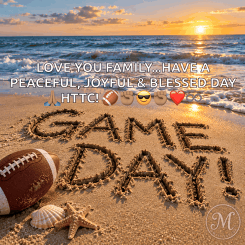 the word game day is written in the sand on a beach