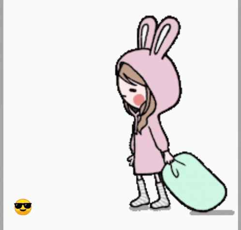 A small hooded cartoon girl walks away pulling a large bag.