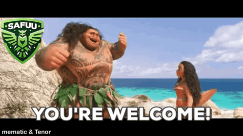 Maui gestures from a beach beside Moana with a bold “YOU’RE WELCOME!” caption.
