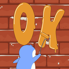 Large orange “OK” letters appear over a red brick background.
