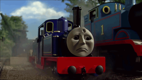 a blue train with the number 1 on the side of it