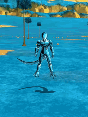 a cartoon character in a blue suit is standing in a field
