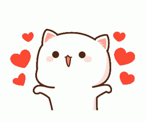 A white cartoon cat raises its paws amid red hearts.