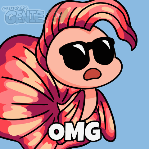 a cartoon drawing of a fish wearing sunglasses and the word omg