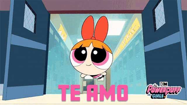 an advertisement for the powerpuff girls shows blossom flying through a hallway