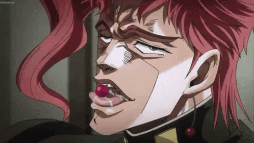 a cartoon character with a cherry in his mouth .