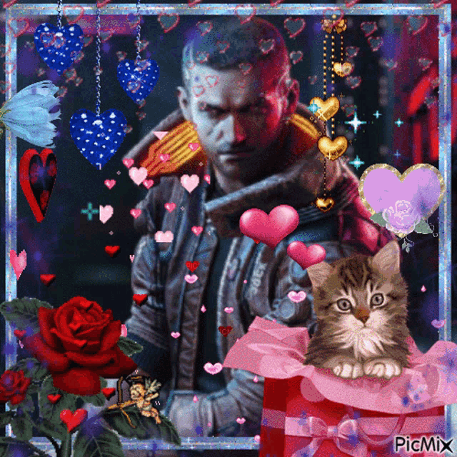 a picture of a man surrounded by hearts and flowers with a cat in a pink bow