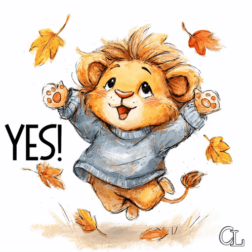 a lion wearing a sweater is jumping in the air with leaves and the word yes behind him