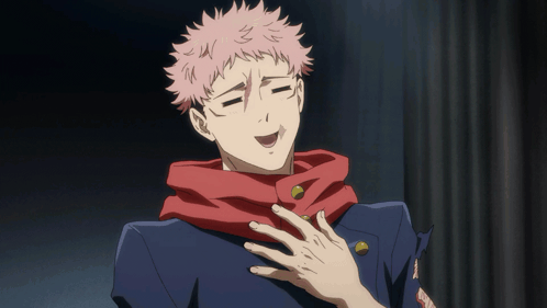 a man with pink hair is making a funny face with his hand on his chest