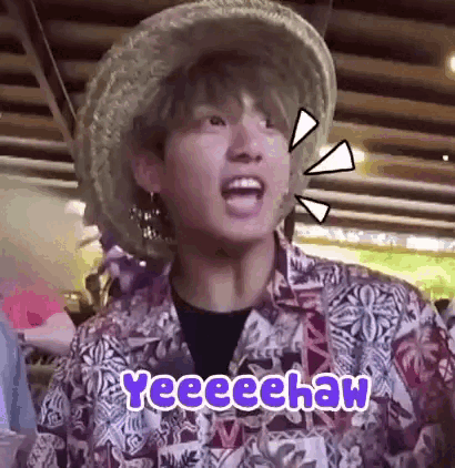 A man in a straw hat cheers with his mouth open beside “Yeeeeehaw” text.
