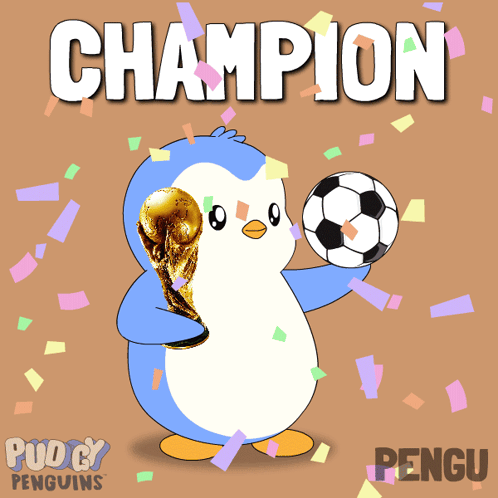 a cartoon of a penguin holding a trophy and a soccer ball