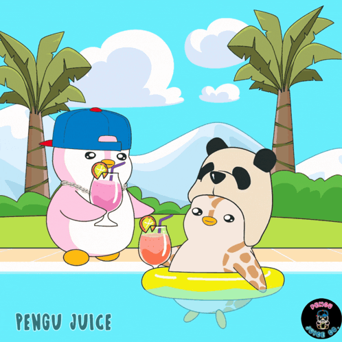 a cartoon of two penguins and a panda drinking pengu juice in a pool